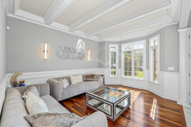 living room featuring a chandelier, hardwood / wood-style floors, crown molding, and beam ceiling