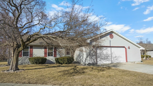 single story home featuring a garage, driveway, and a front yard