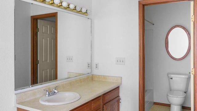 bathroom featuring toilet, a tub to relax in, a shower, and vanity