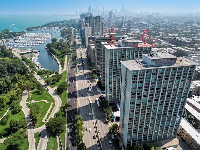 drone / aerial view featuring a water view