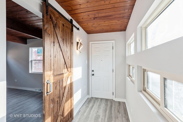 foyer entrance featuring lofted ceiling, wood-type flooring, a barn door, and wood ceiling