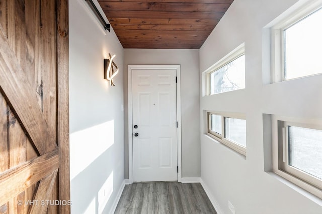 doorway to outside featuring a barn door, a healthy amount of sunlight, hardwood / wood-style flooring, and wood ceiling