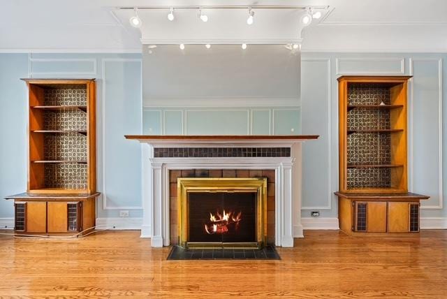 room details with built in features, crown molding, wood-type flooring, and a fireplace