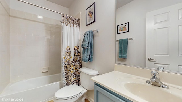 bathroom with toilet, vanity, and shower / bathtub combination with curtain