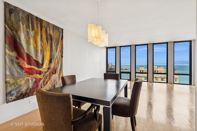 dining space featuring floor to ceiling windows, wood finished floors, and baseboards