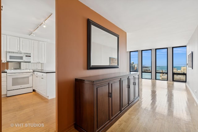 corridor featuring light wood finished floors, floor to ceiling windows, rail lighting, and baseboards