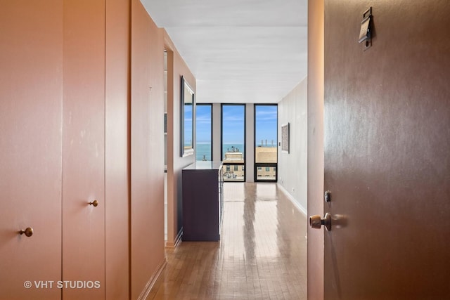 corridor featuring baseboards, wood finished floors, and floor to ceiling windows