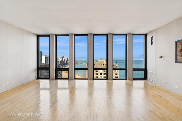 unfurnished room with a healthy amount of sunlight, wood finished floors, and floor to ceiling windows