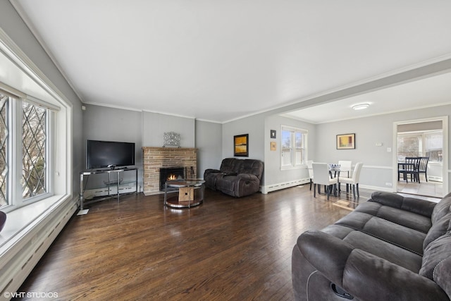 living room with plenty of natural light, a baseboard radiator, and ornamental molding