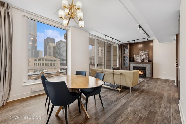 dining area featuring a chandelier, track lighting, and hardwood / wood-style flooring