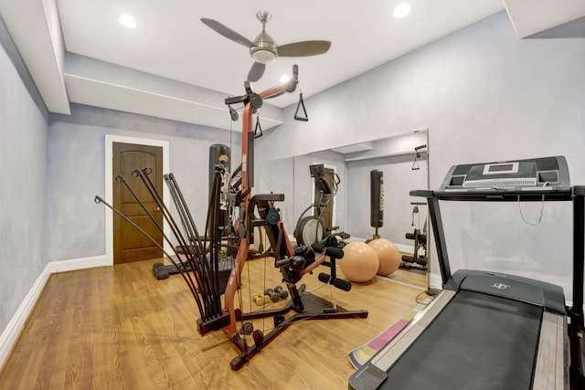 workout room with ceiling fan, baseboards, wood finished floors, and recessed lighting