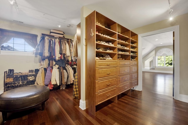 spacious closet with dark wood-style floors and visible vents