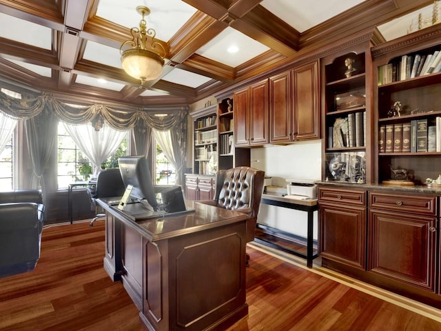 office space with beamed ceiling, dark wood-style flooring, coffered ceiling, and crown molding