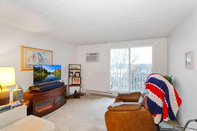 carpeted living room with a baseboard heating unit and a wall unit AC