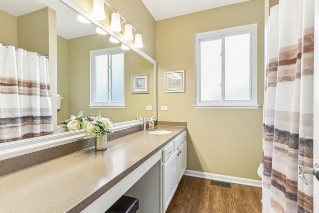 bathroom with wood-type flooring and vanity