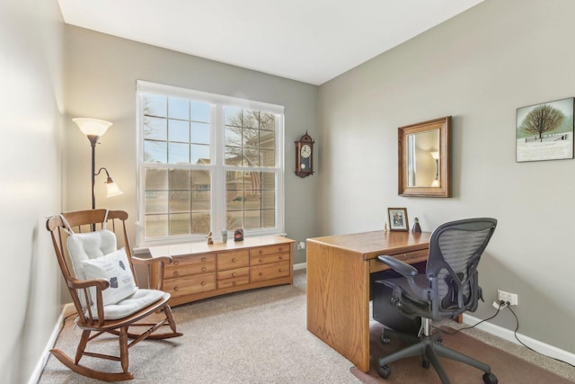 office area featuring light carpet