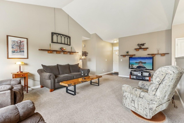 living room featuring lofted ceiling and carpet floors