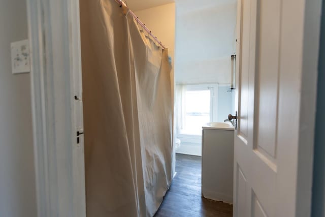 corridor featuring dark wood-style flooring and a sink