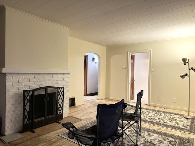 living room with a fireplace and wood-type flooring