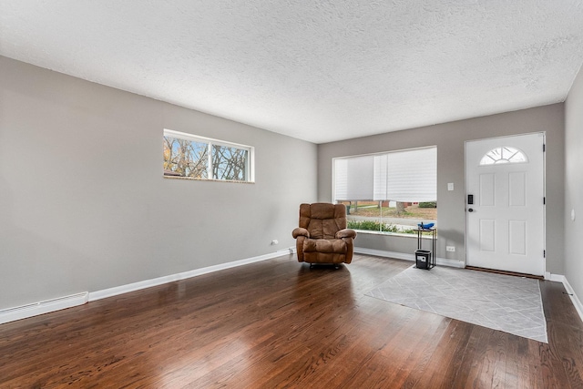 entryway with a textured ceiling, light hardwood / wood-style floors, and a baseboard radiator