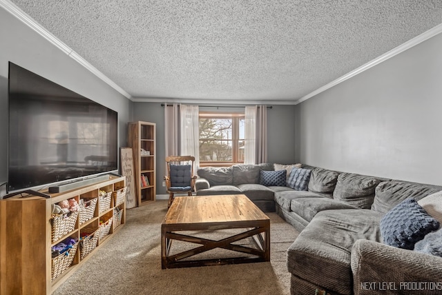 carpeted living room featuring a textured ceiling and crown molding