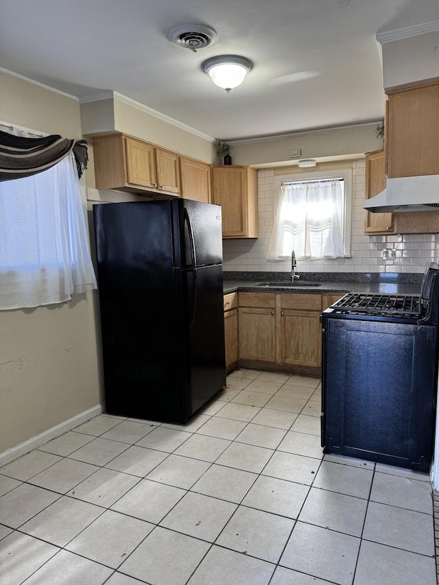 kitchen with black appliances, decorative backsplash, ornamental molding, and sink