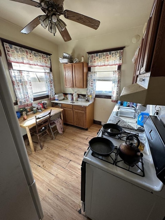 kitchen with ceiling fan, sink, light hardwood / wood-style floors, and range