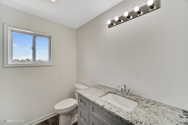 bathroom with hardwood / wood-style floors, vanity, and toilet