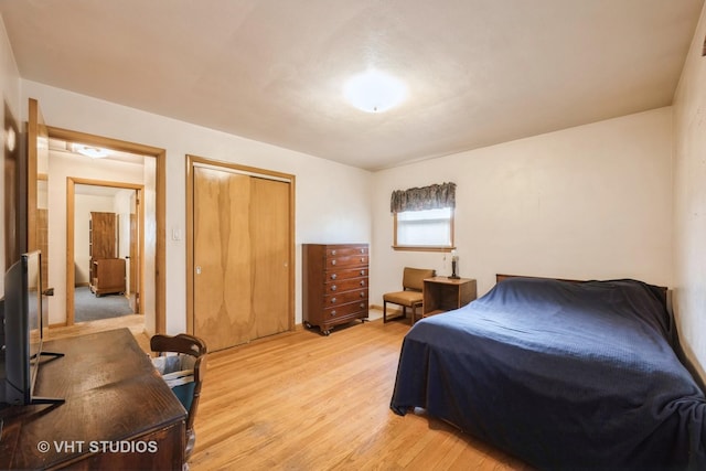 bedroom featuring light wood-type flooring and a closet