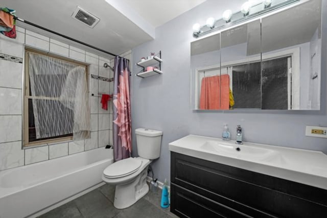 full bathroom with toilet, tile patterned flooring, shower / bath combination with curtain, and vanity