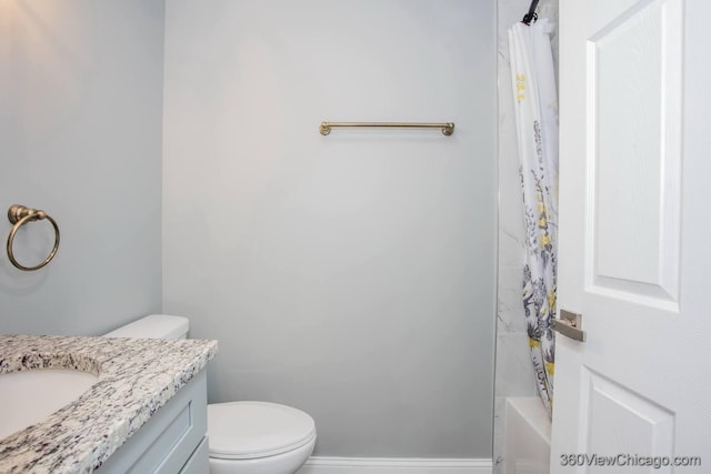 full bathroom with vanity, toilet, and shower / bathtub combination with curtain