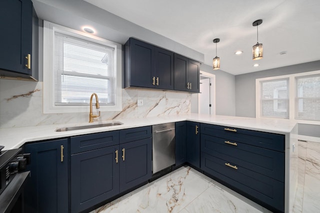 kitchen featuring kitchen peninsula, backsplash, stainless steel dishwasher, sink, and decorative light fixtures