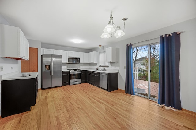 kitchen with white cabinetry, sink, hanging light fixtures, light hardwood / wood-style floors, and appliances with stainless steel finishes