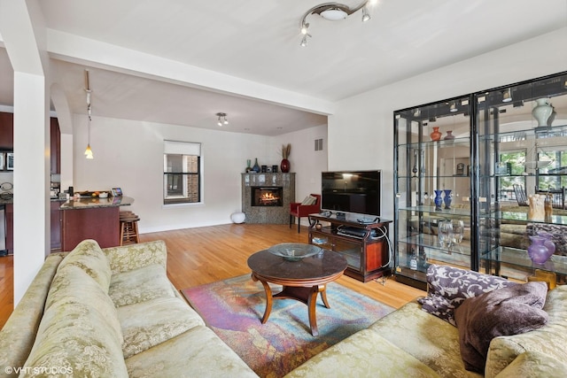 living room featuring a wealth of natural light and light hardwood / wood-style flooring