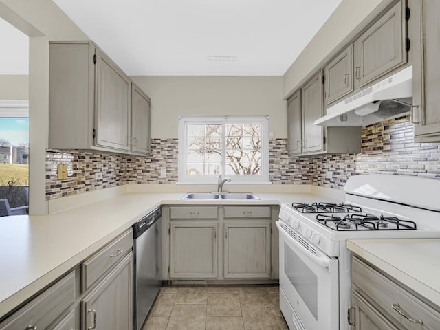 kitchen with a healthy amount of sunlight, white gas stove, stainless steel dishwasher, and sink