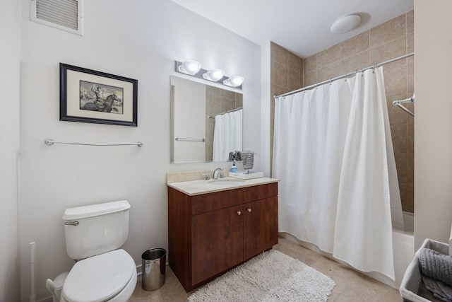 full bathroom featuring tile patterned floors, vanity, shower / tub combo, and toilet