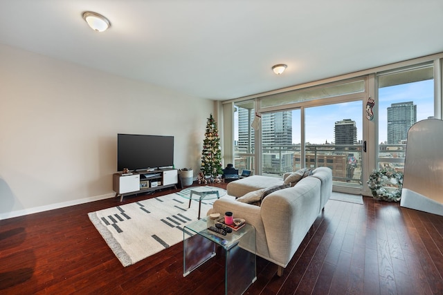 living room featuring floor to ceiling windows and dark hardwood / wood-style floors