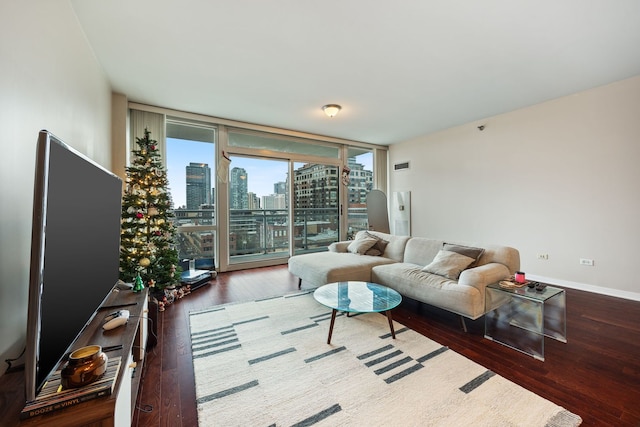 living room with hardwood / wood-style floors and a wall of windows