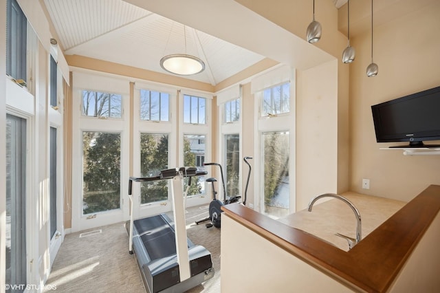 exercise area featuring a towering ceiling and light carpet