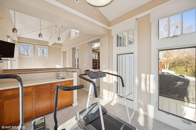 workout area featuring light colored carpet, vaulted ceiling, and sink