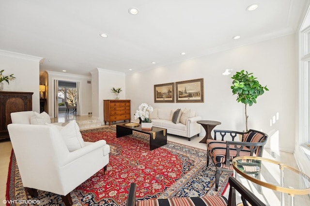 living room with crown molding