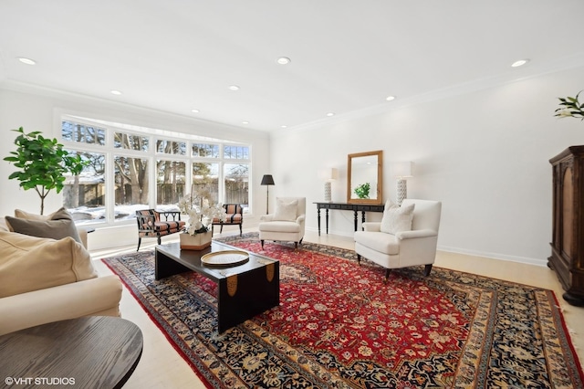 living room with ornamental molding