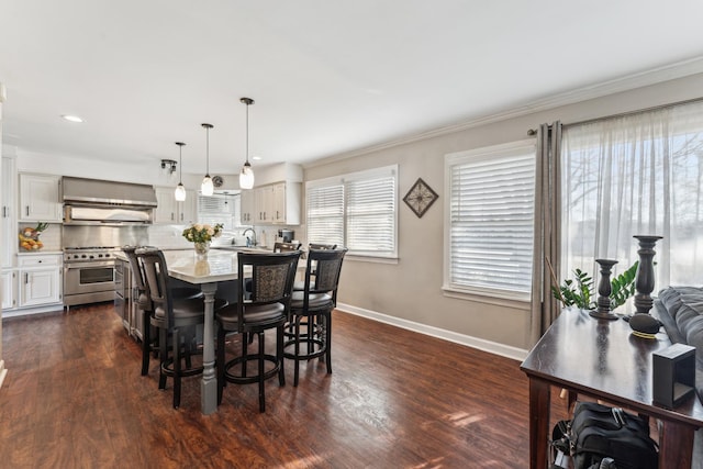 dining area with dark hardwood / wood-style flooring and sink