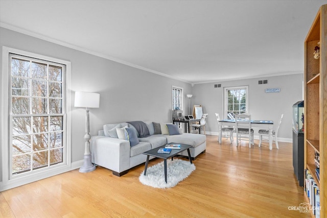 living room featuring wood-type flooring and crown molding