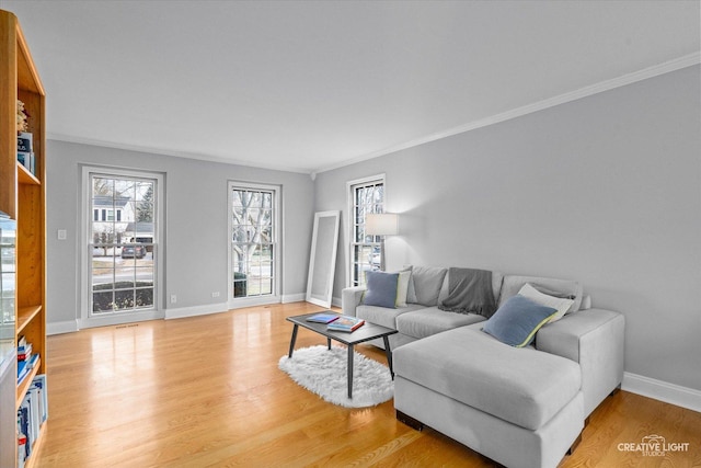 living room featuring light wood-type flooring and ornamental molding