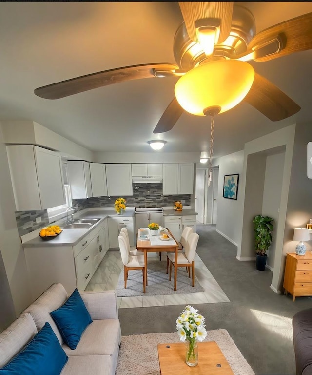 kitchen with white cabinets, electric range, sink, and backsplash