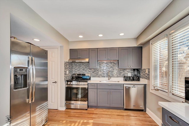 kitchen with appliances with stainless steel finishes, tasteful backsplash, gray cabinetry, sink, and light wood-type flooring