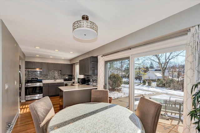 dining area featuring sink, plenty of natural light, and light wood-type flooring