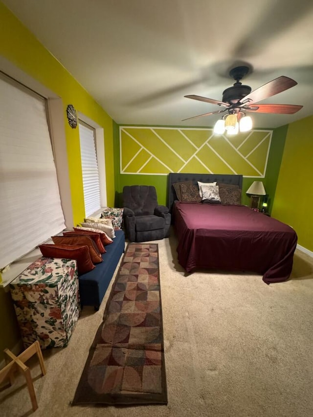 carpeted bedroom featuring ceiling fan and pool table