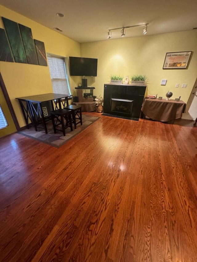 living room featuring hardwood / wood-style floors and track lighting